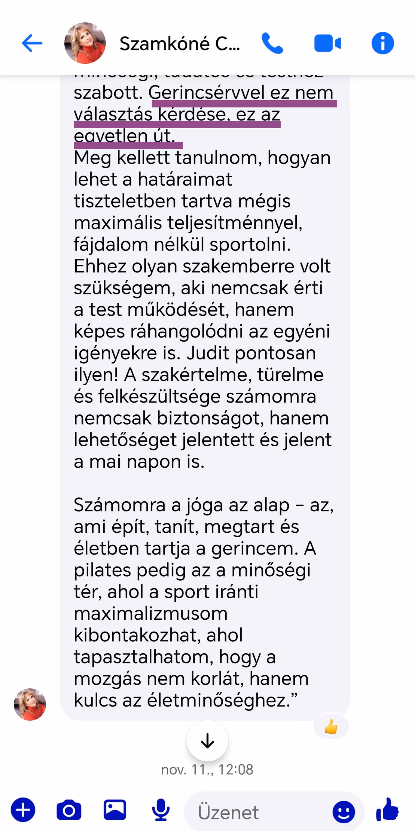 Képernyőkép egy Facebook Messenger beszélgetésből, melyben egy hosszú magyar nyelvű üzenet olvasható gerincsérvről, sportolásról és a jóga, pilates hatásairól.